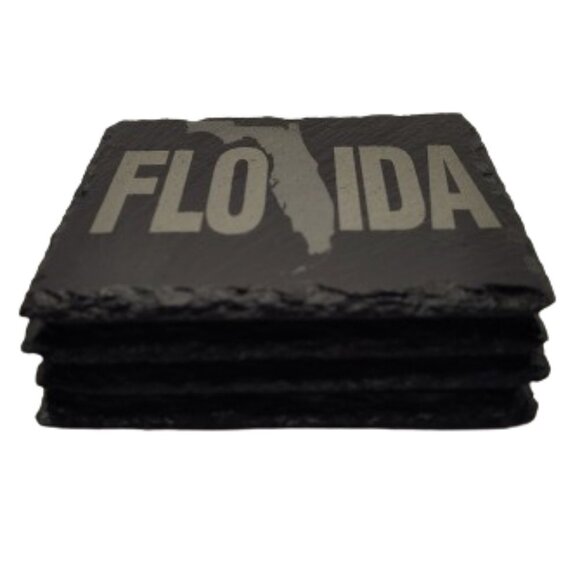 4" Inch Black Coasters Stone Coaster Set, Laser Engraved "Florida" - Picture 4 of 9